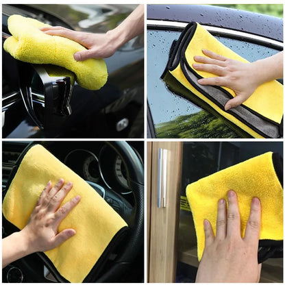 Car microfiber cleaning towel shown in use for cleaning car surfaces and windows, demonstrating strong absorption and versatility.