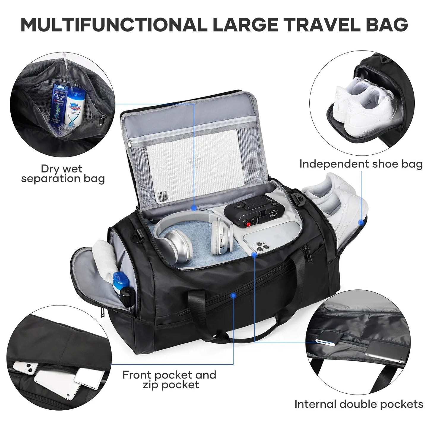 travel gym Bag with Shoes Compartment for Men Women 40L Lightweight Foldable Duffel Bag Workout Bag